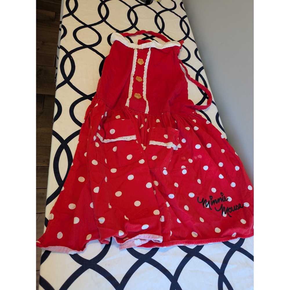 Disney Minnie Mouse Red Polka Dot Apron Eyelet Lace Ruffle Pockets Vintage Style